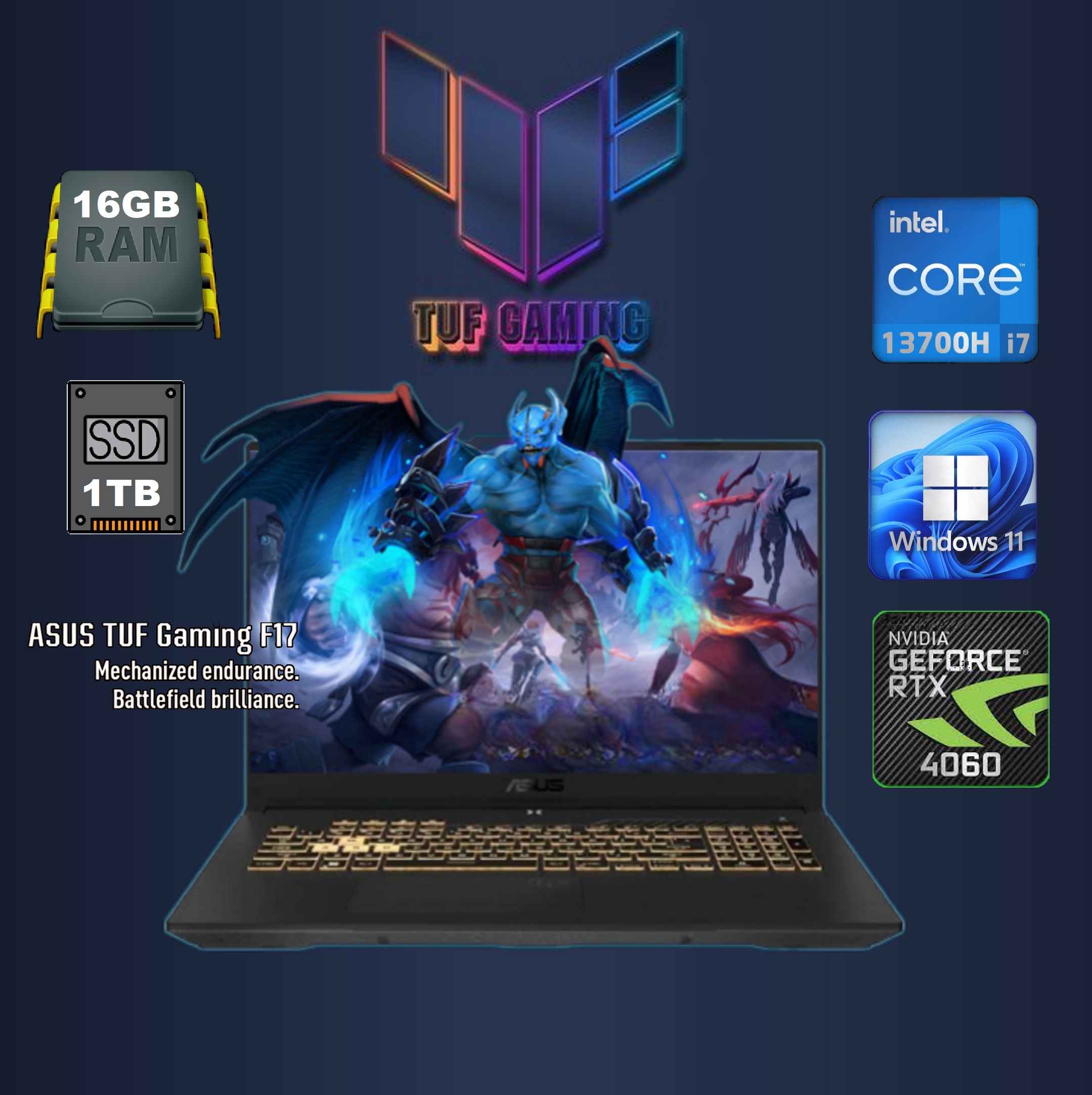 90NR0CH5-M00450 ASUS TUF Gaming F17 i7-13700H RTX 4060 17 inch ASUS TUF Gaming F17 Intel® Core™ i7-13700H | 16GB DDR4 RAM ; 1TB SSD | RTX™ 4060