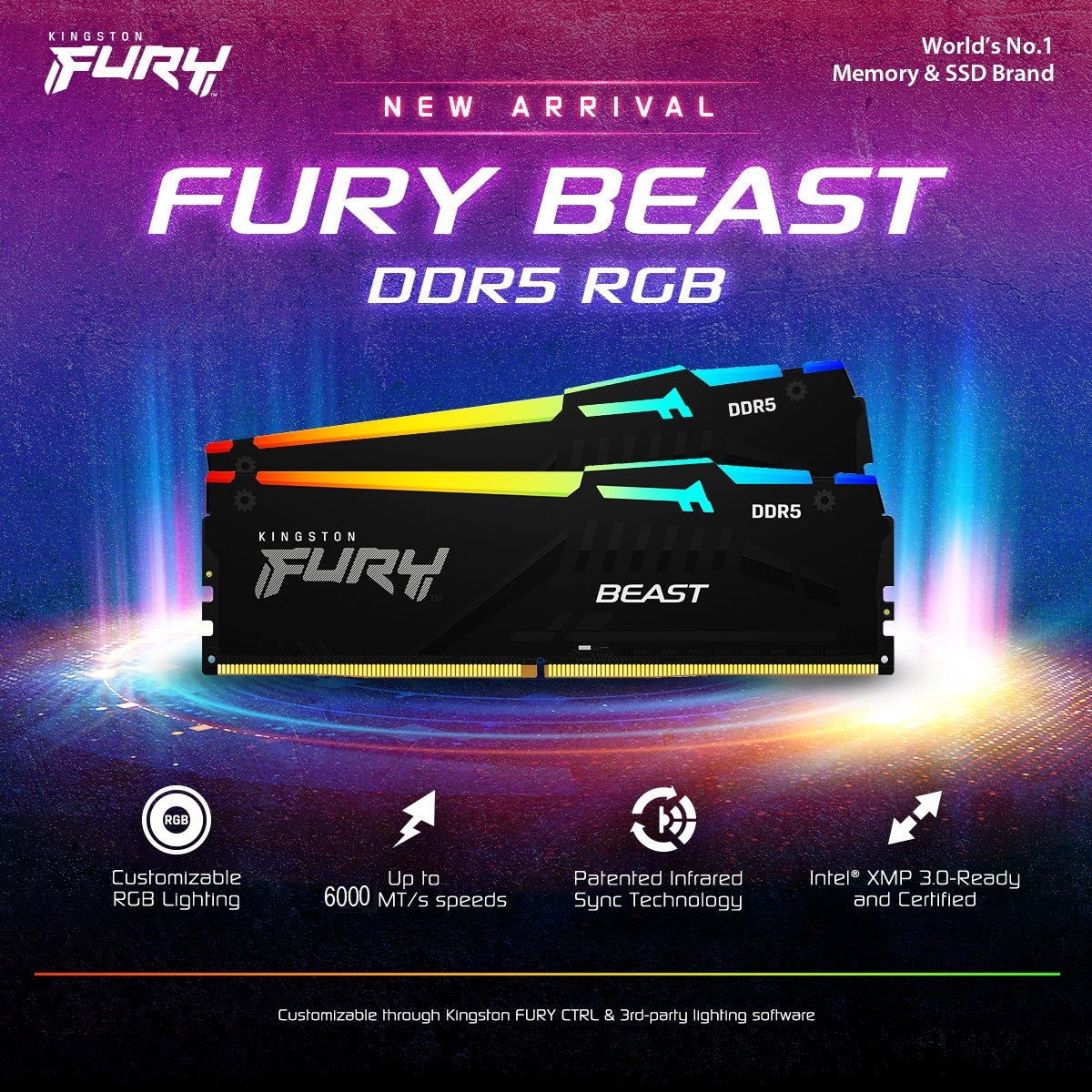 KF560C36BBEAK2-32 Kingston Fury Beast 32GB Kit 6000MTs DDR5 RAM Kingston Fury Beast 32GB 6000MT/s DDR5 RAM Kit (2 x 16GB) CL36 1.35V Desktop Memory Single Module