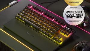 APEX-PRO-TKL-OPN SteelSeries Apex Pro TKL Mechanical Gaming SteelSeries Apex Pro TKL Mechanical Tenkeyless Gaming Keyboard - Magnetic Wrist Rest -  OmniPoint 2.0 Adjustable HyperMagnetic Switches - Esports Tenkeyless - OLED Smart Display - RGB - PBT Keycaps - USB C Passthrough